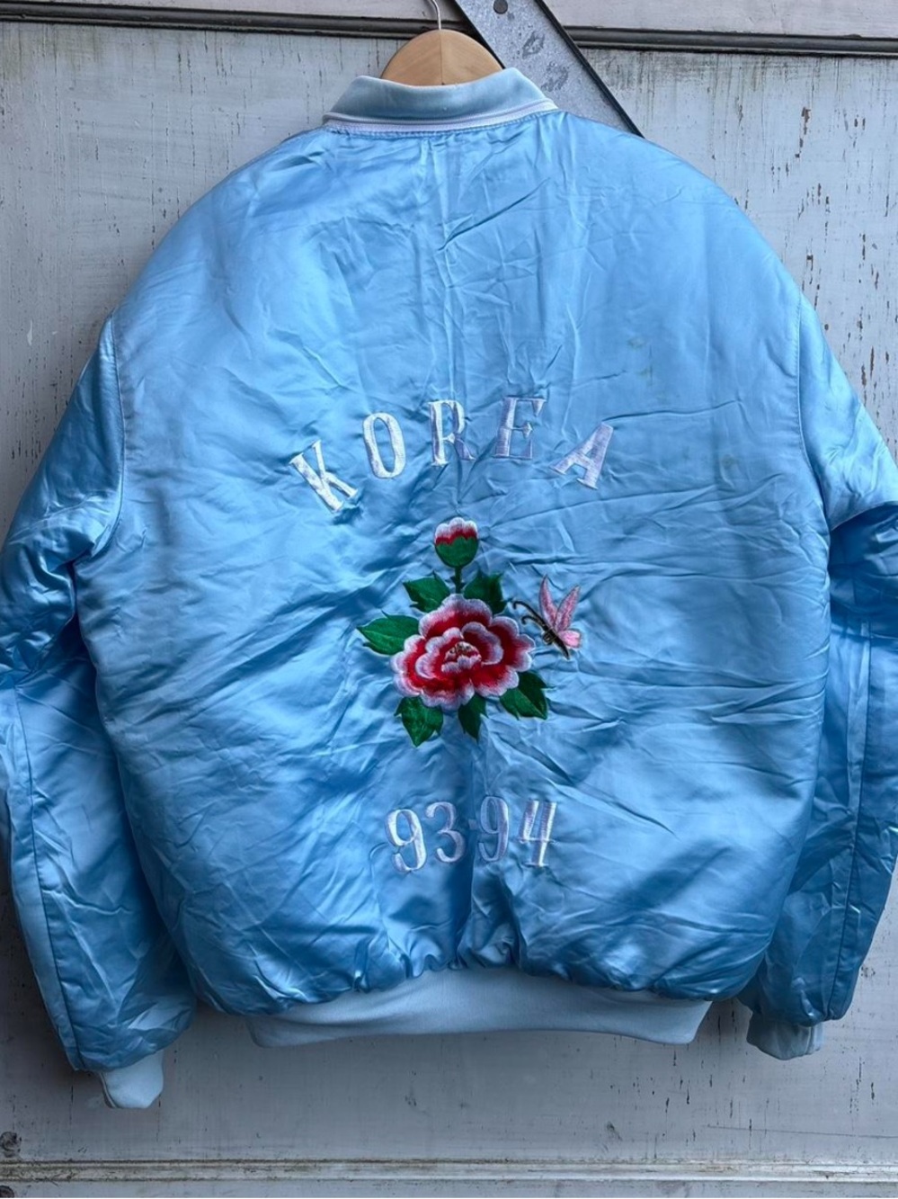 Vintage 90s Korea USA Souvenir Light Blue Floral Embroidered Satin Bomber Jacket